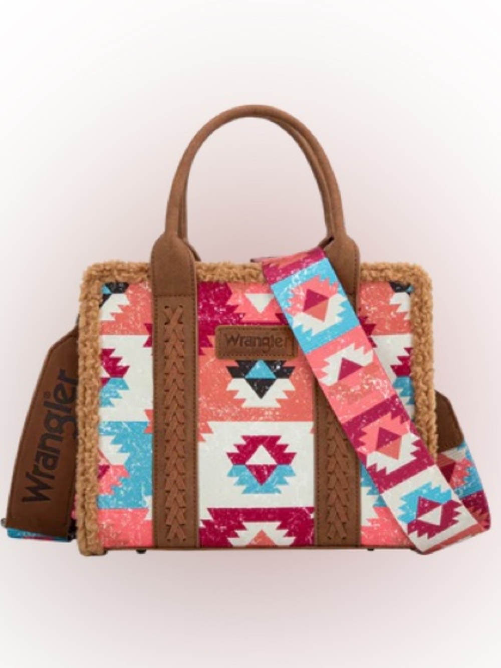 Wrangler Western Aztec Print Sherpa Tote Crossbody Purse Handbag Brown Pink NWT